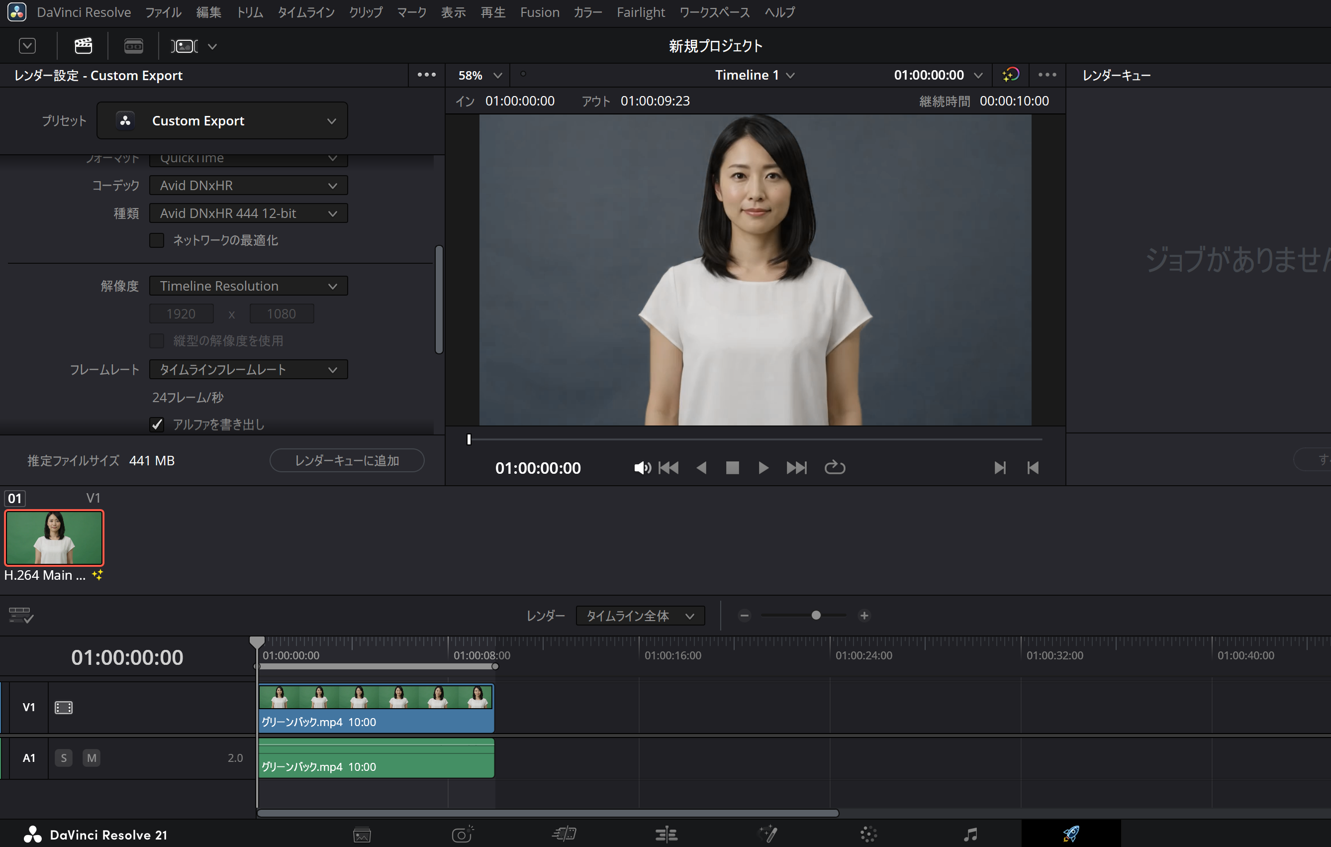 DaVinci Resolveで背景透過動画を書き出すためExport Alphaを設定する画面