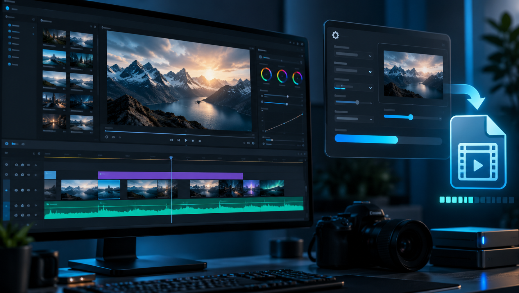 DaVinci Resolveで動画をMP4に書き出す設定をイメージした動画編集画面