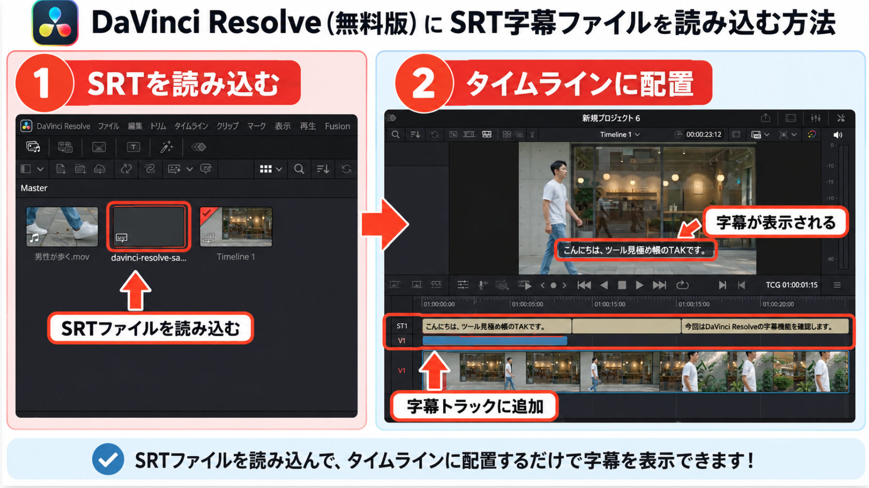 DaVinci Resolve無料版でSRT字幕を読み込みタイムラインに配置した画面