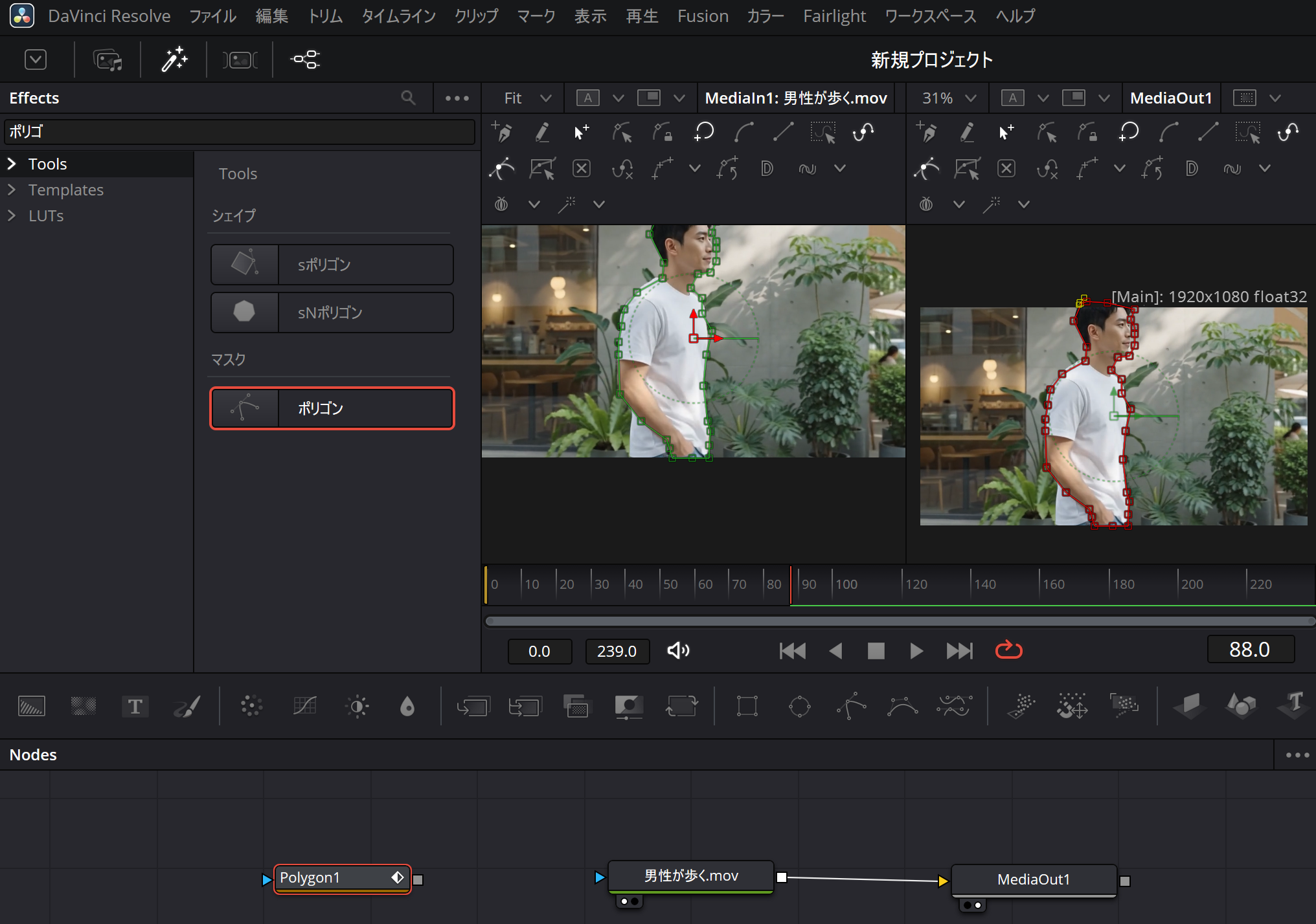 DaVinci ResolveのFusionページでPolygonマスクを使って被写体を囲んでいる画面