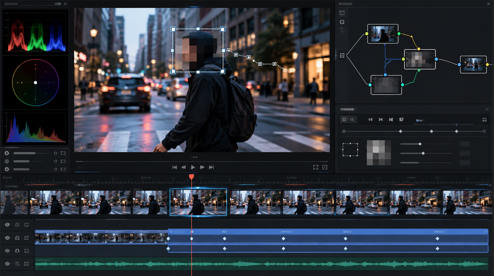 DaVinci Resolveで人物の顔にモザイクをかけて動きをトラッキングする編集イメージ