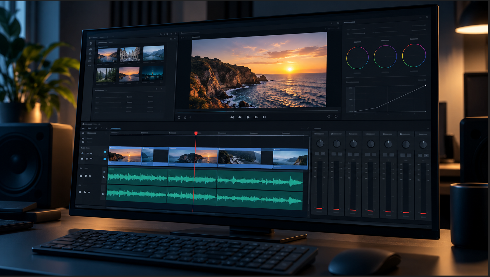 DaVinci Resolveで音が出ないトラブルをイメージした動画編集とオーディオ波形の画面