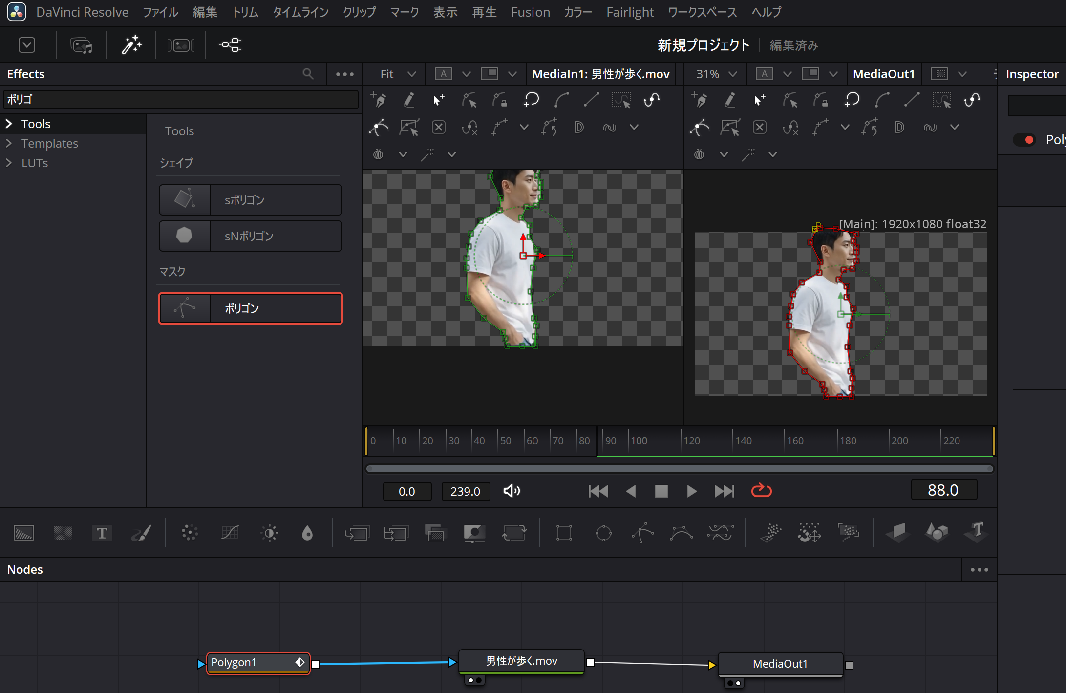 DaVinci ResolveでPolygonマスクを使って被写体を切り抜いた画面