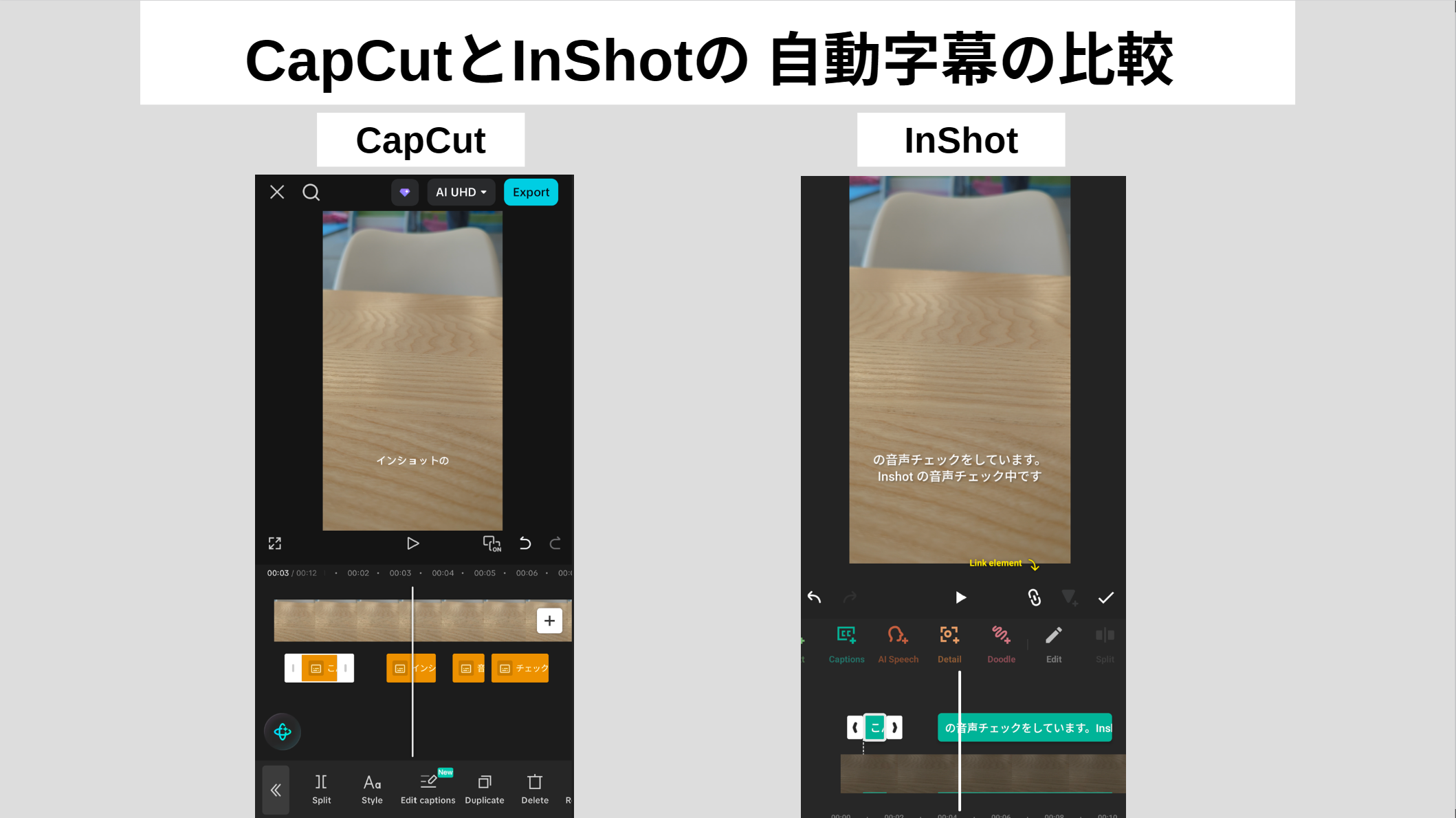 CapCutとInShotで同じ日本語音声から自動字幕を生成した編集画面の比較