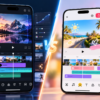 CapCutとInShotの違いを比較するアイキャッチ画像。2台のスマートフォンに動画編集画面を表示したイメージイラスト