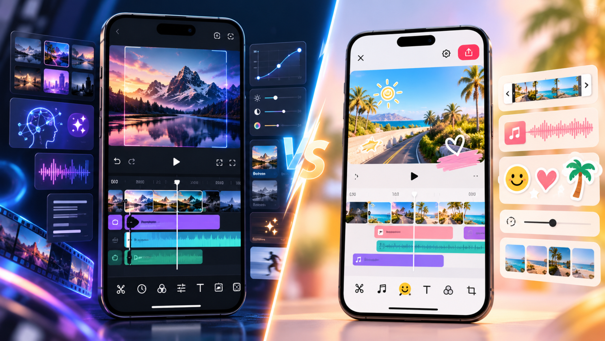 CapCutとInShotの違いを比較するアイキャッチ画像。2台のスマートフォンに動画編集画面を表示したイメージイラスト