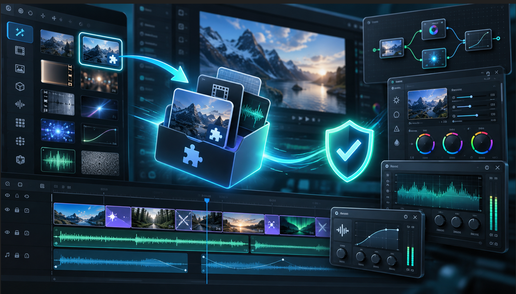 DaVinci Resolveのプラグインやテンプレート追加をイメージした動画編集画面