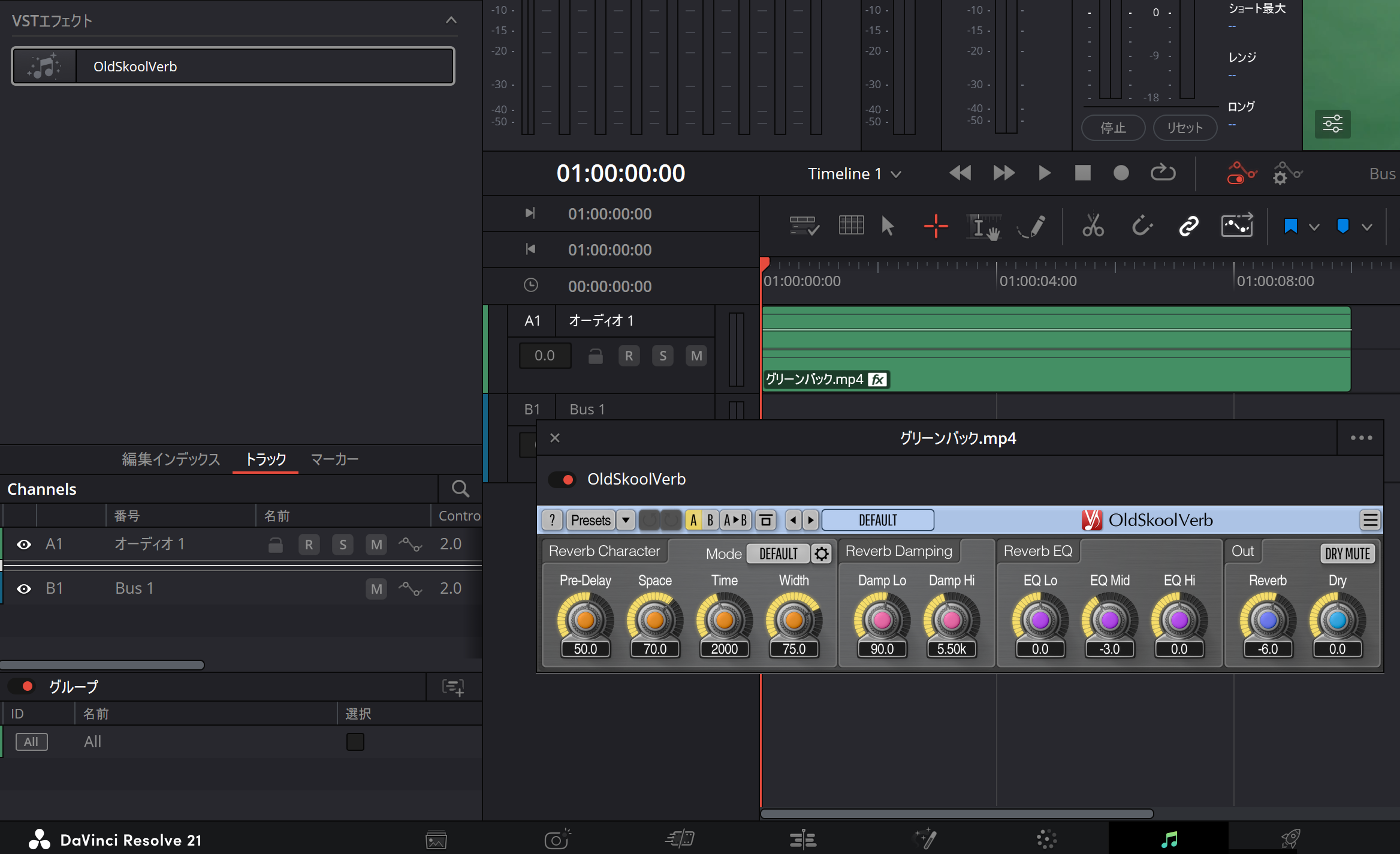 DaVinci ResolveのFairlightで無料VSTエフェクトOldSkoolVerbを音声クリップに適用している画面