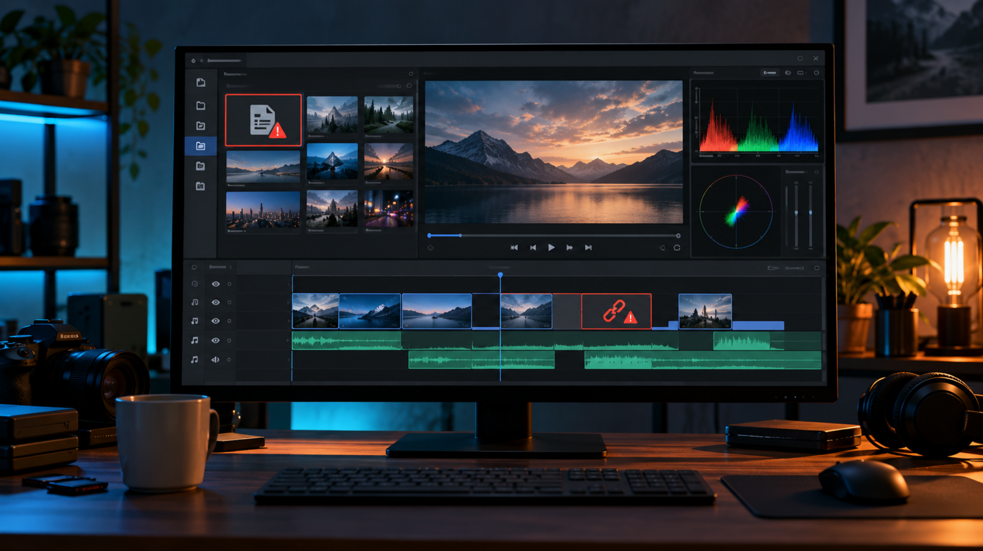DaVinci Resolveで動画を読み込めないトラブルをイメージした動画編集画面