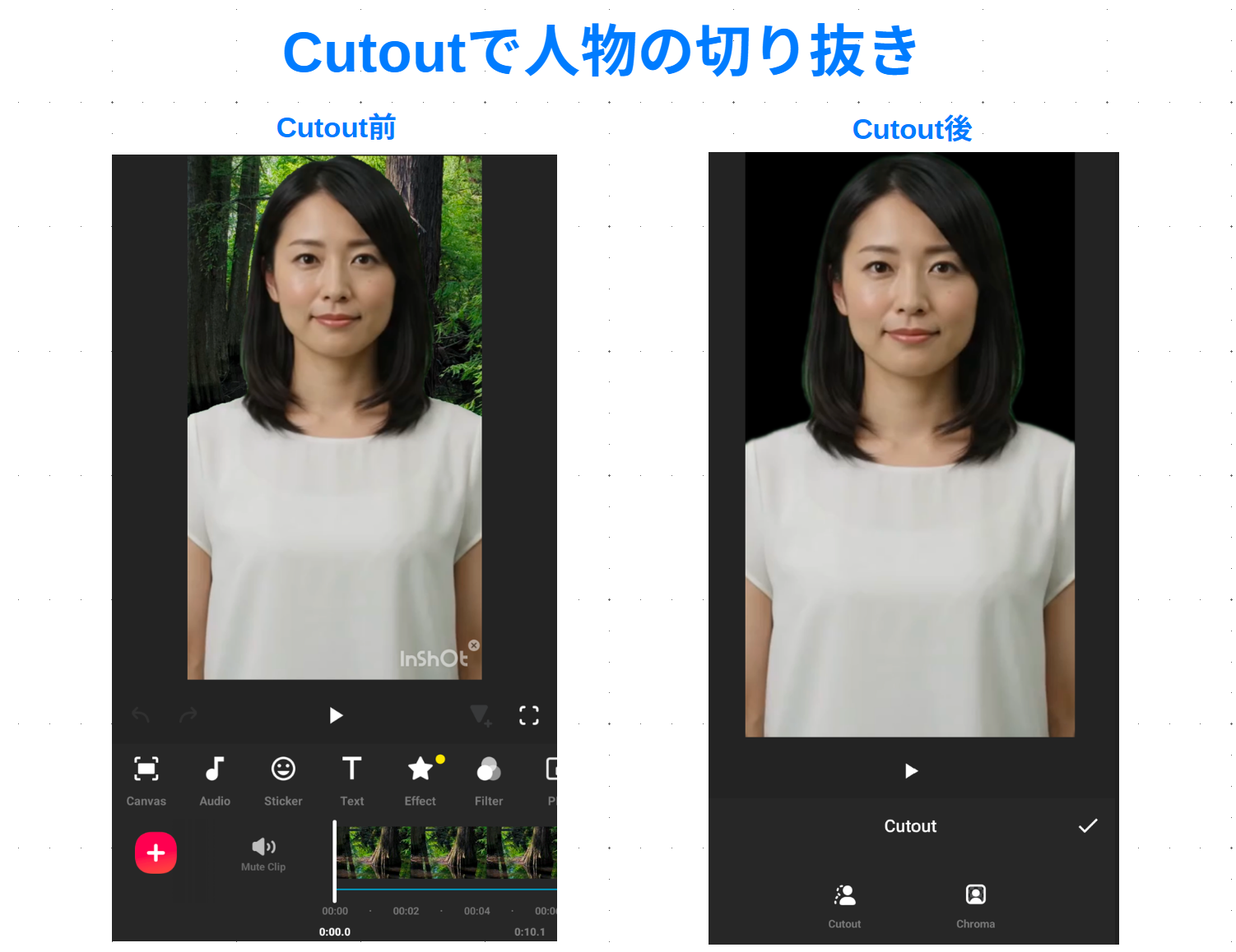 InShotのAI Cutoutで人物動画の背景を除去する前と後の比較