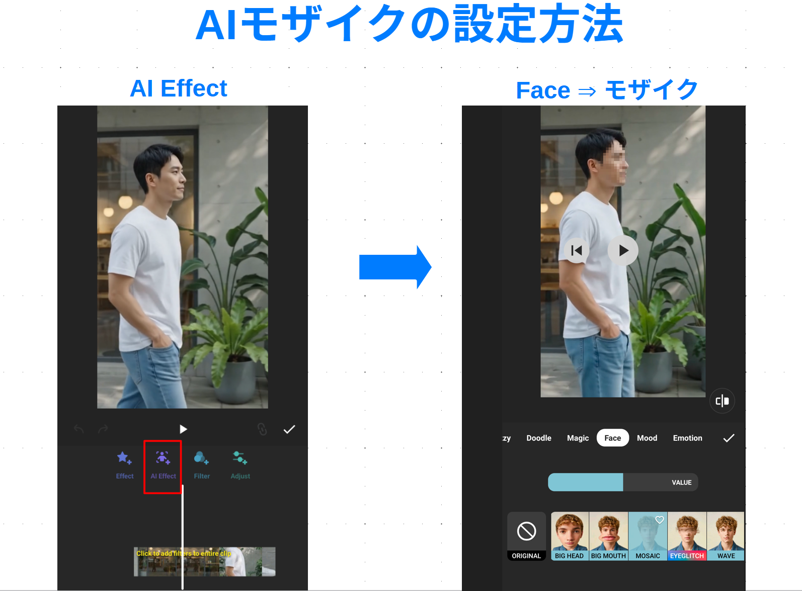 InShotのFilterからAI Effectを開き、Faceカテゴリのモザイク加工を人物の顔へ適用する操作手順