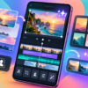 InShotのAI機能やテンプレートをイメージしたスマートフォンの動画編集画面とエフェクト一覧のイラスト