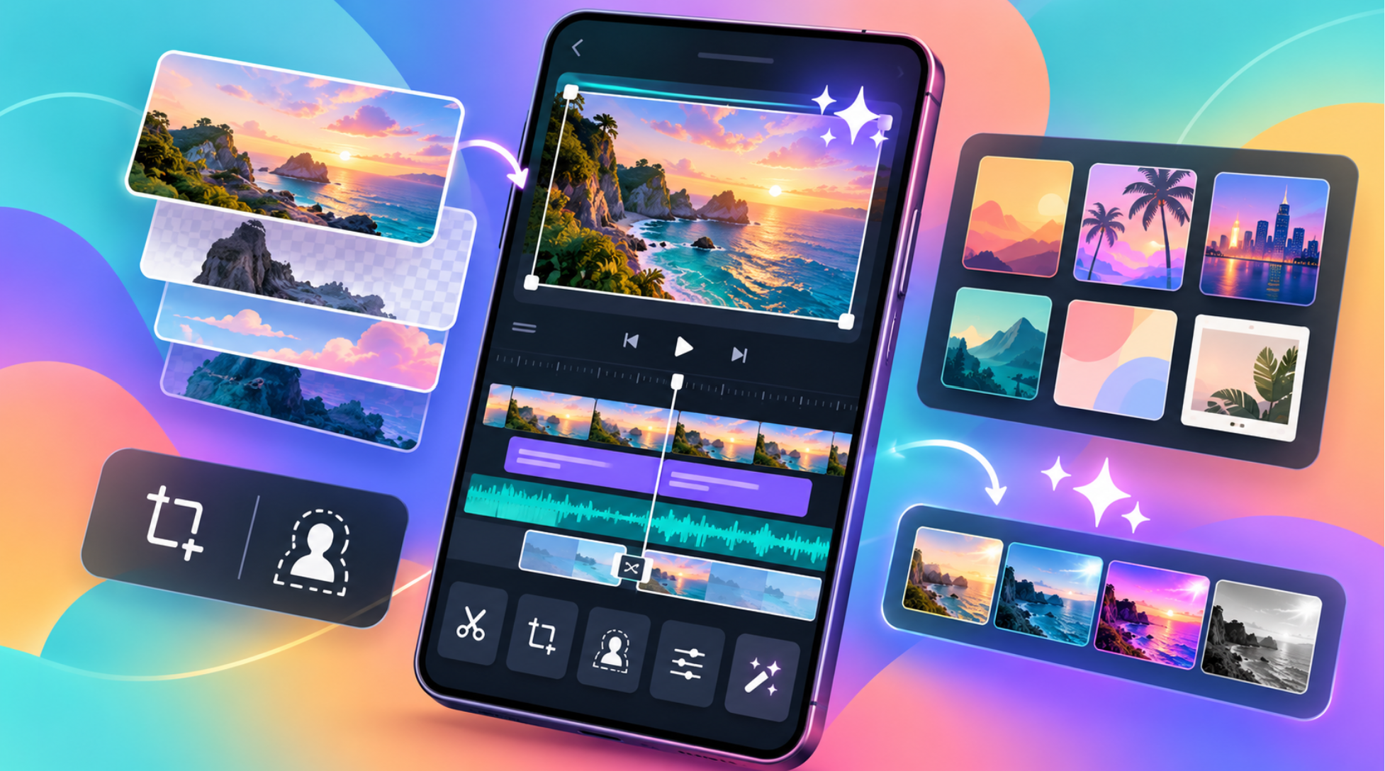 InShotのAI機能やテンプレートをイメージしたスマートフォンの動画編集画面とエフェクト一覧のイラスト