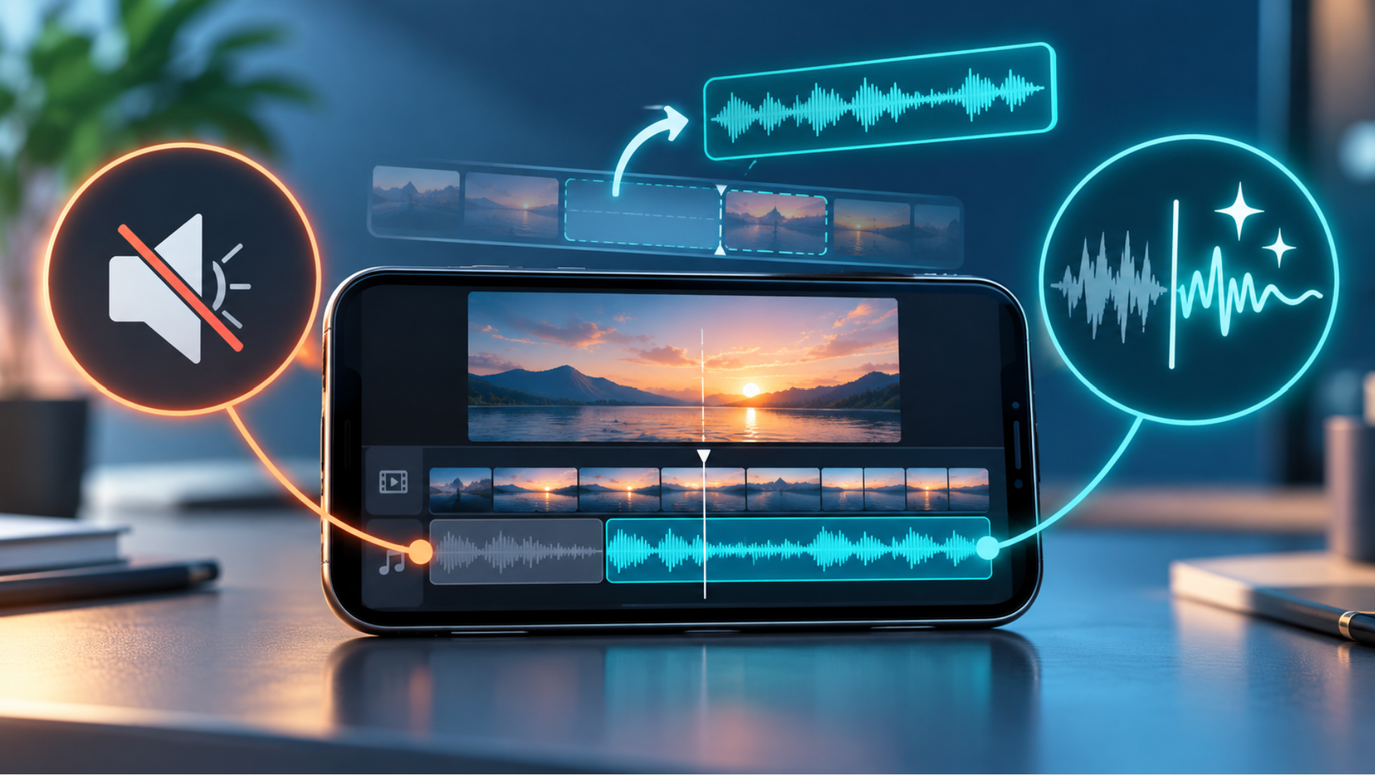 InShotで動画の音声を消す・抽出する・ノイズを減らす操作を表したイメージ画像