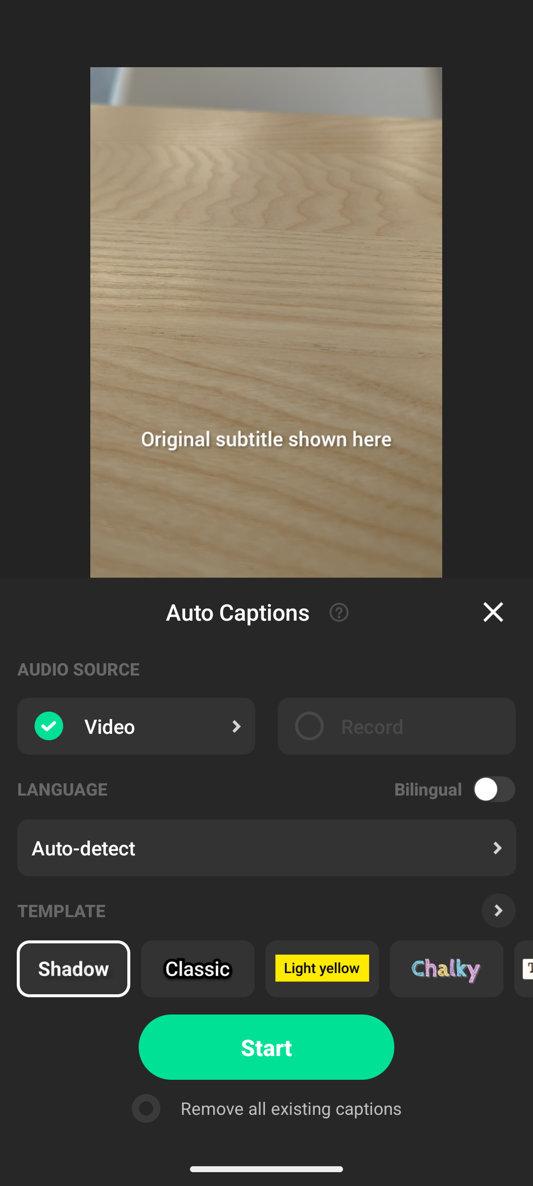 InShotの自動字幕設定で音声ソースと言語、字幕テンプレートを選択する画面