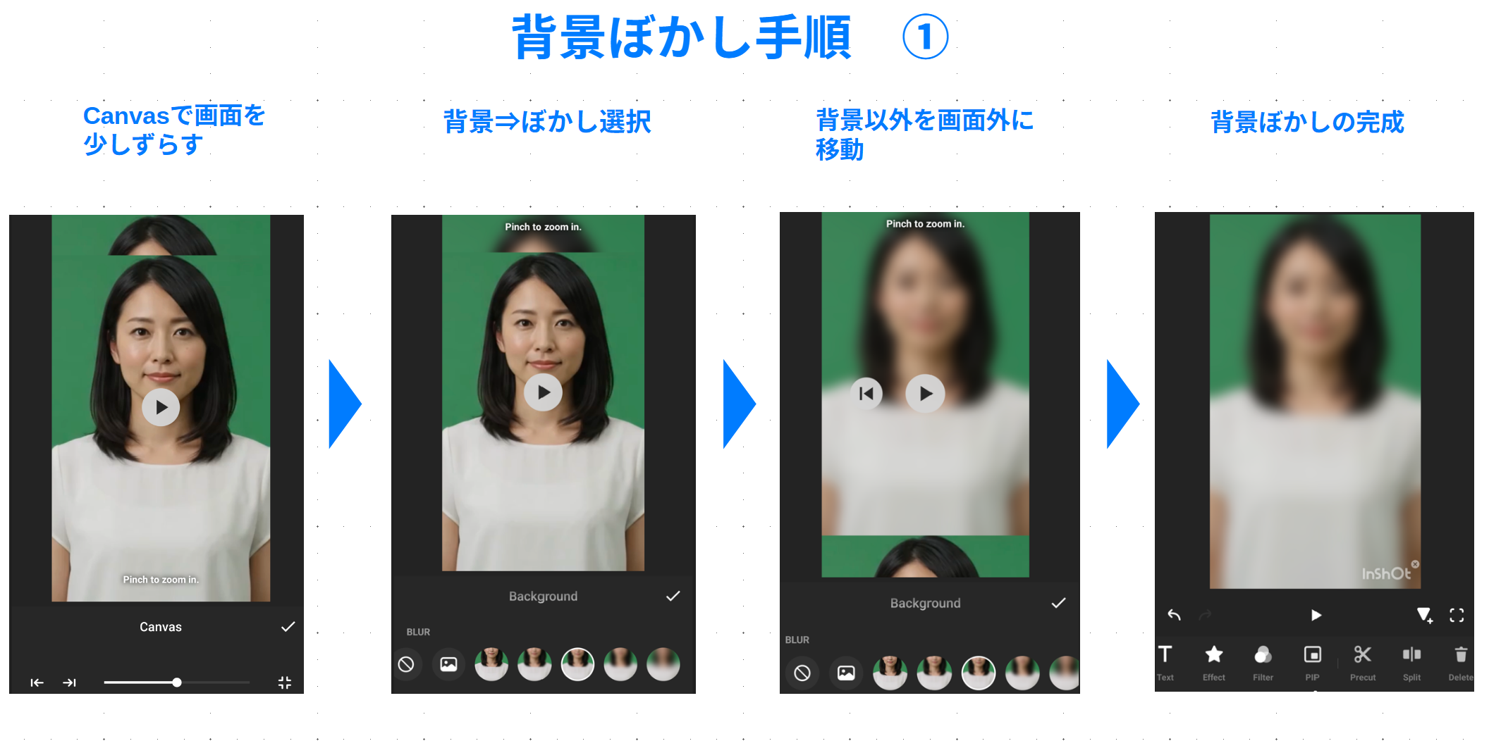 InShotのCanvasとBackground機能を使い画面の余白へ背景ぼかしを設定する4段階の手順