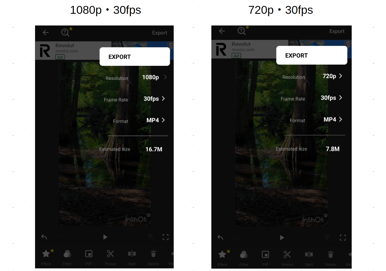 InShotの動画保存設定で1080pと720pの解像度を比較した画面