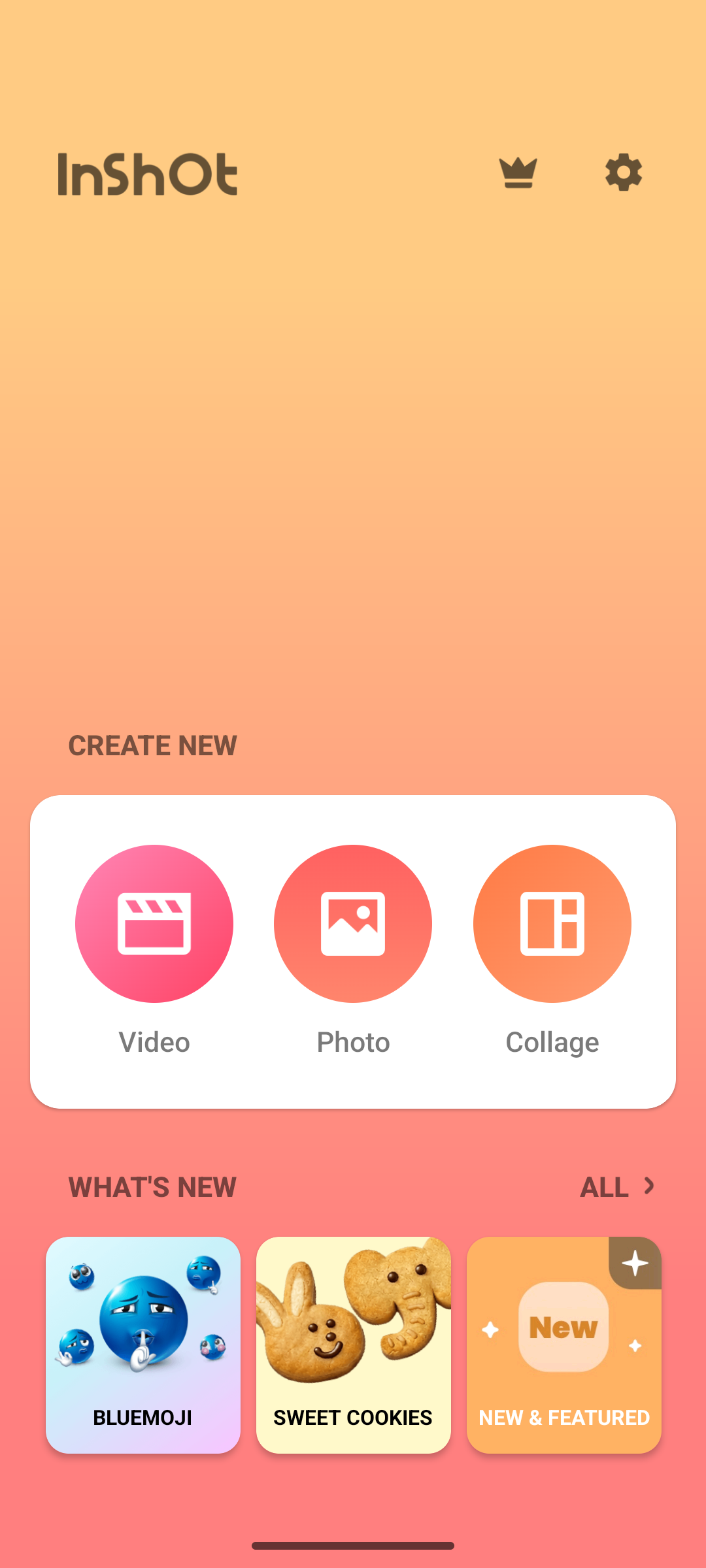 InShotのホーム画面に表示された動画、写真、コラージュの3つの作成メニュー