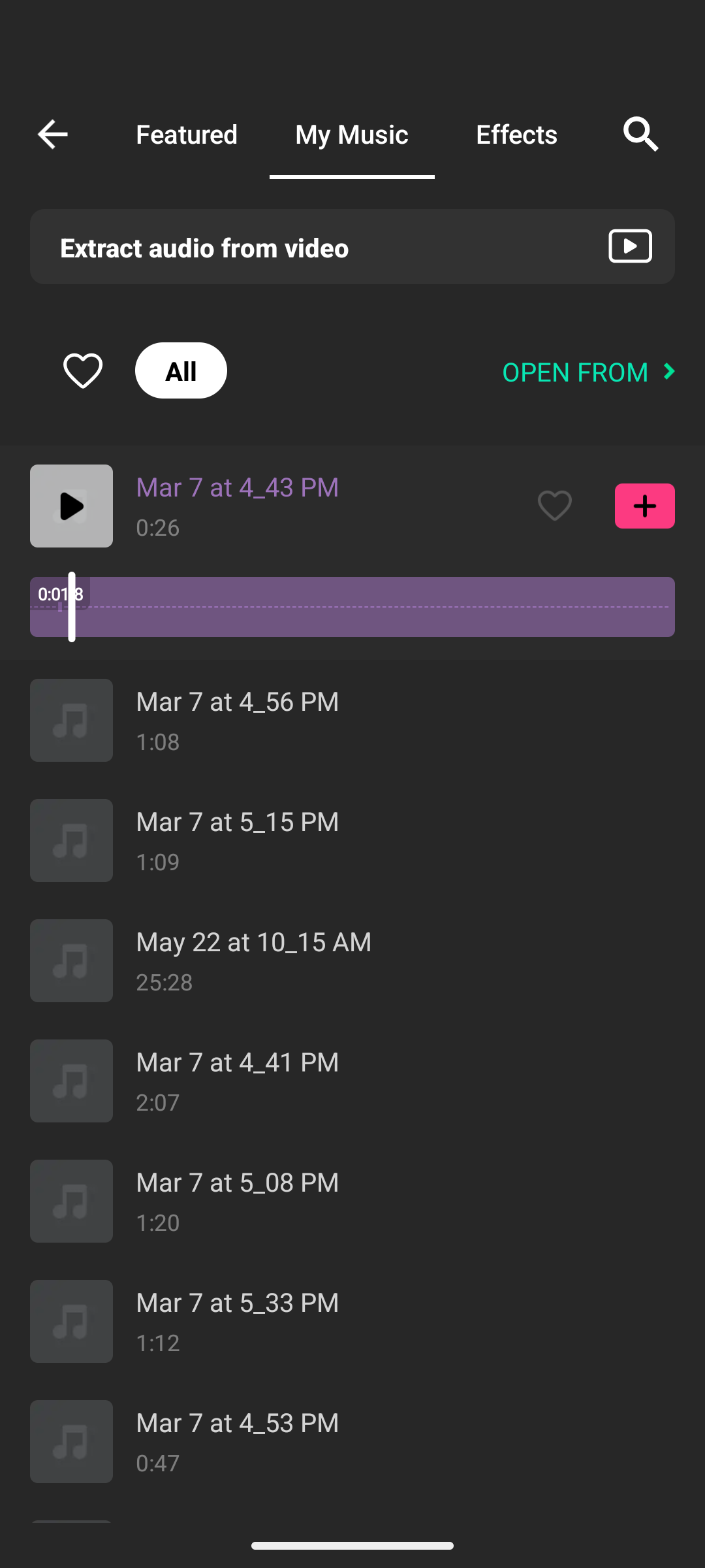 InShotでスマートフォンに保存した音楽ファイルを選択して動画に追加する画面