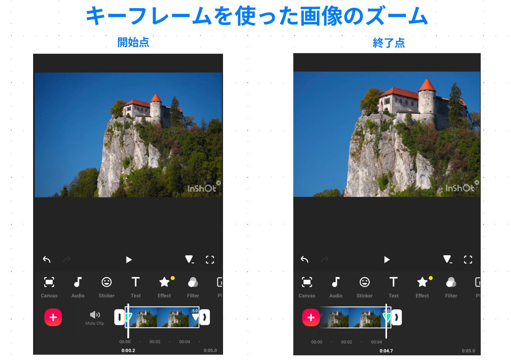 InShotのキーフレームで城の写真をズームし拡大前と拡大後を比較した画像