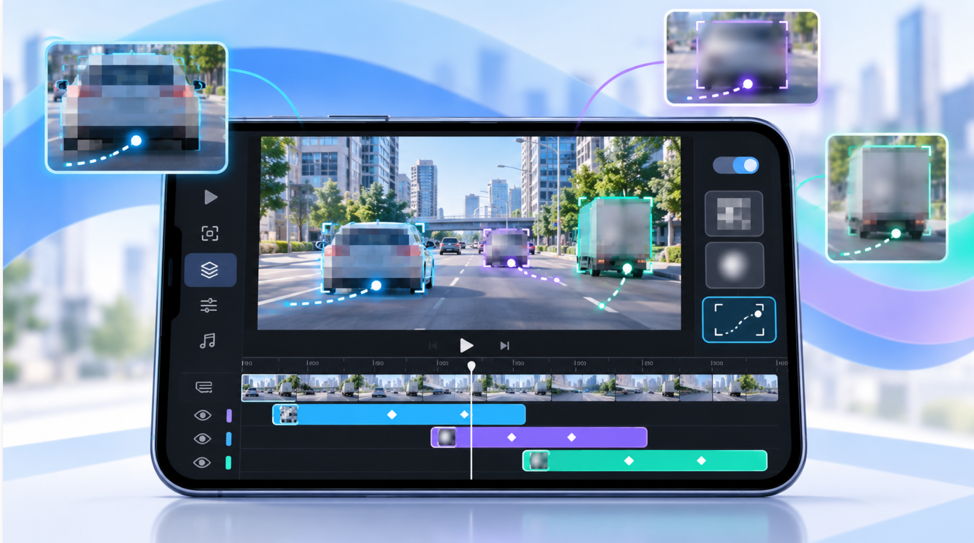 スマートフォンの動画編集画面で車にモザイクやぼかしをかけ、トラッキング機能による追従を表現したイメージ