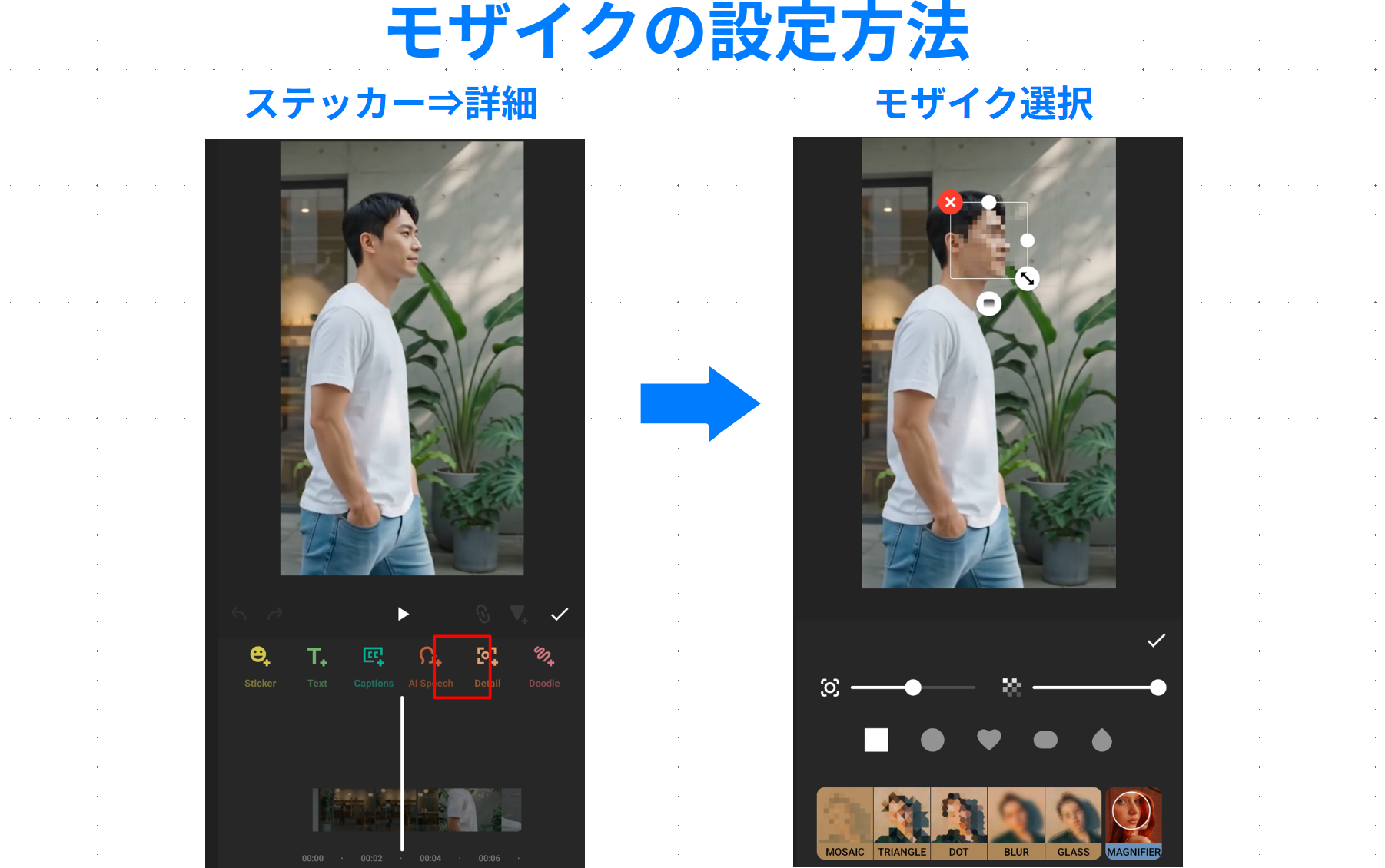 InShotのStickerからDetailを開いてモザイクを選び、動画内の人物の顔へ配置する操作手順