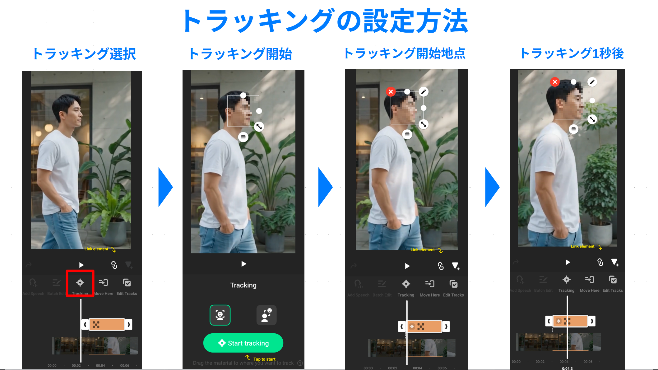 InShotで顔へモザイクを配置し、Trackingを選択して追従を開始するまでの操作比較画像