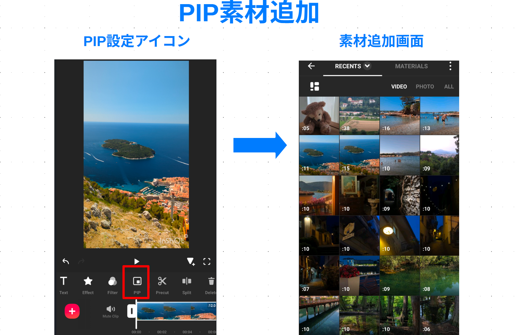 InShotのPIP機能を選択して2本目の動画を追加する操作手順