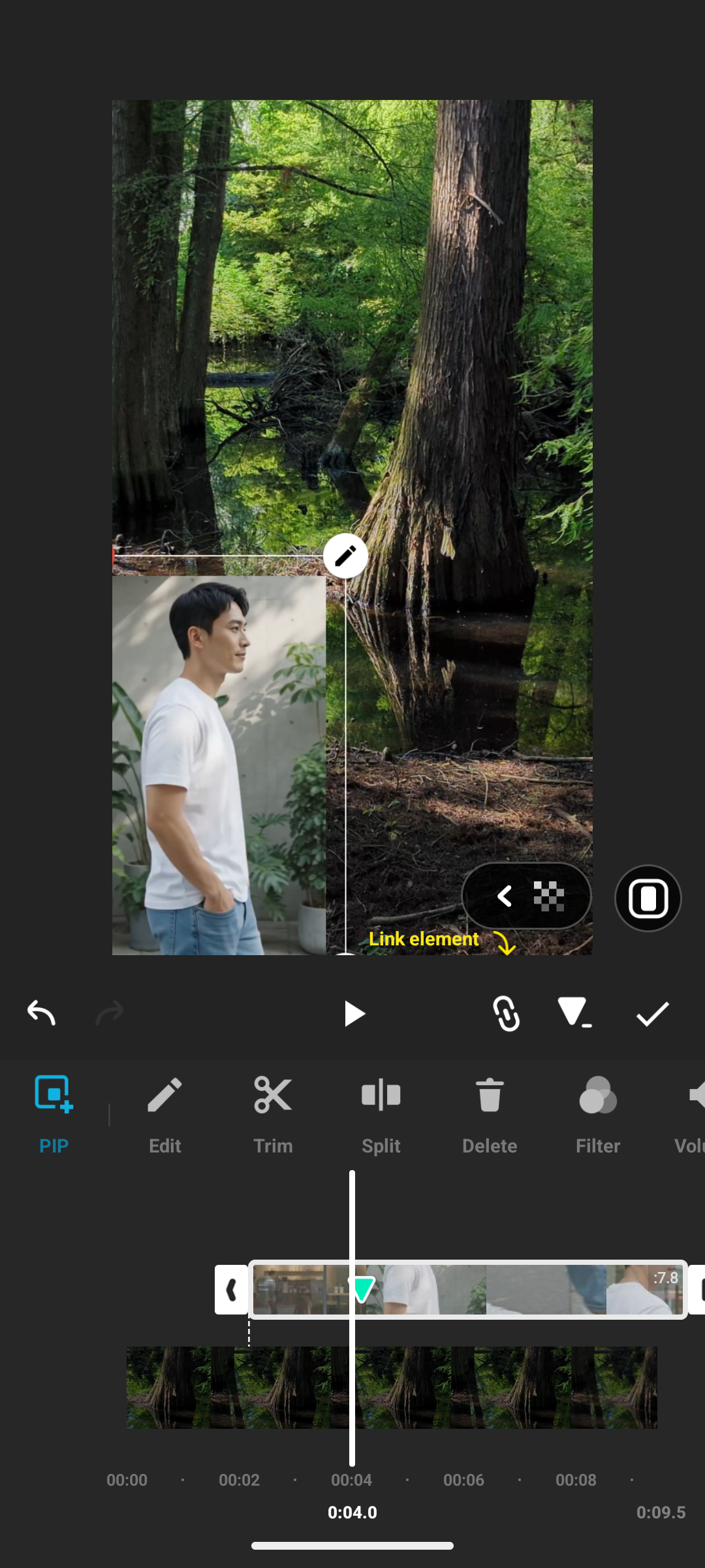InShotのPIP編集画面でキーフレームの開始位置を設定する操作画面