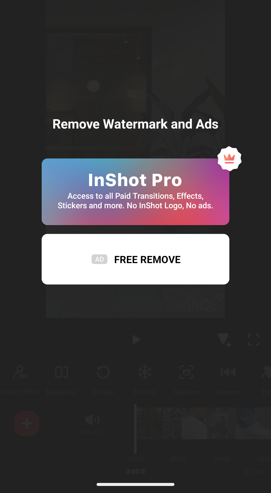 InShotのウォーターマーク削除メニューでInShot Proと広告視聴による無料削除を選択できる画面