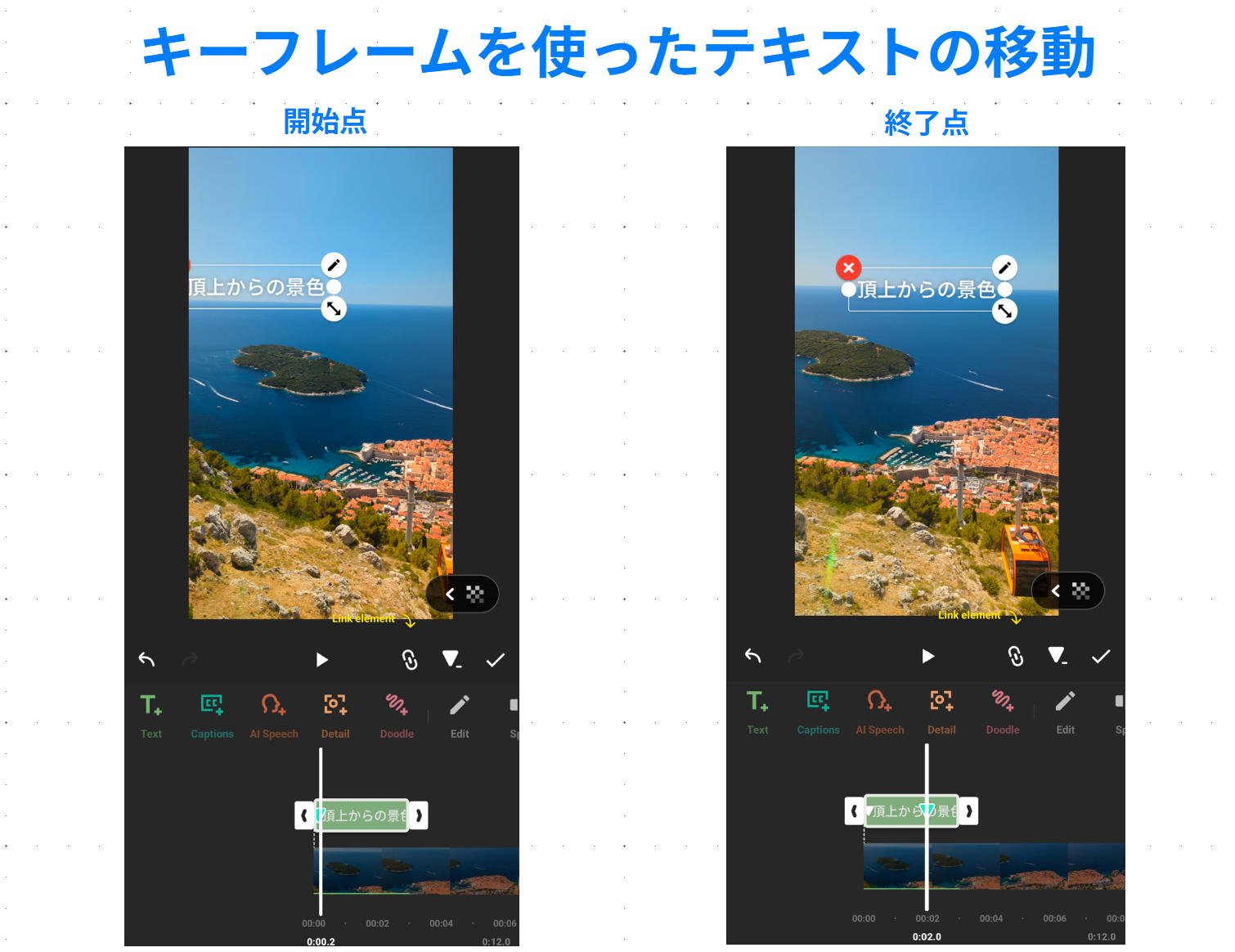 InShotのキーフレームでテキストを画面左側から右側へ移動させる開始点と終了点の比較画像