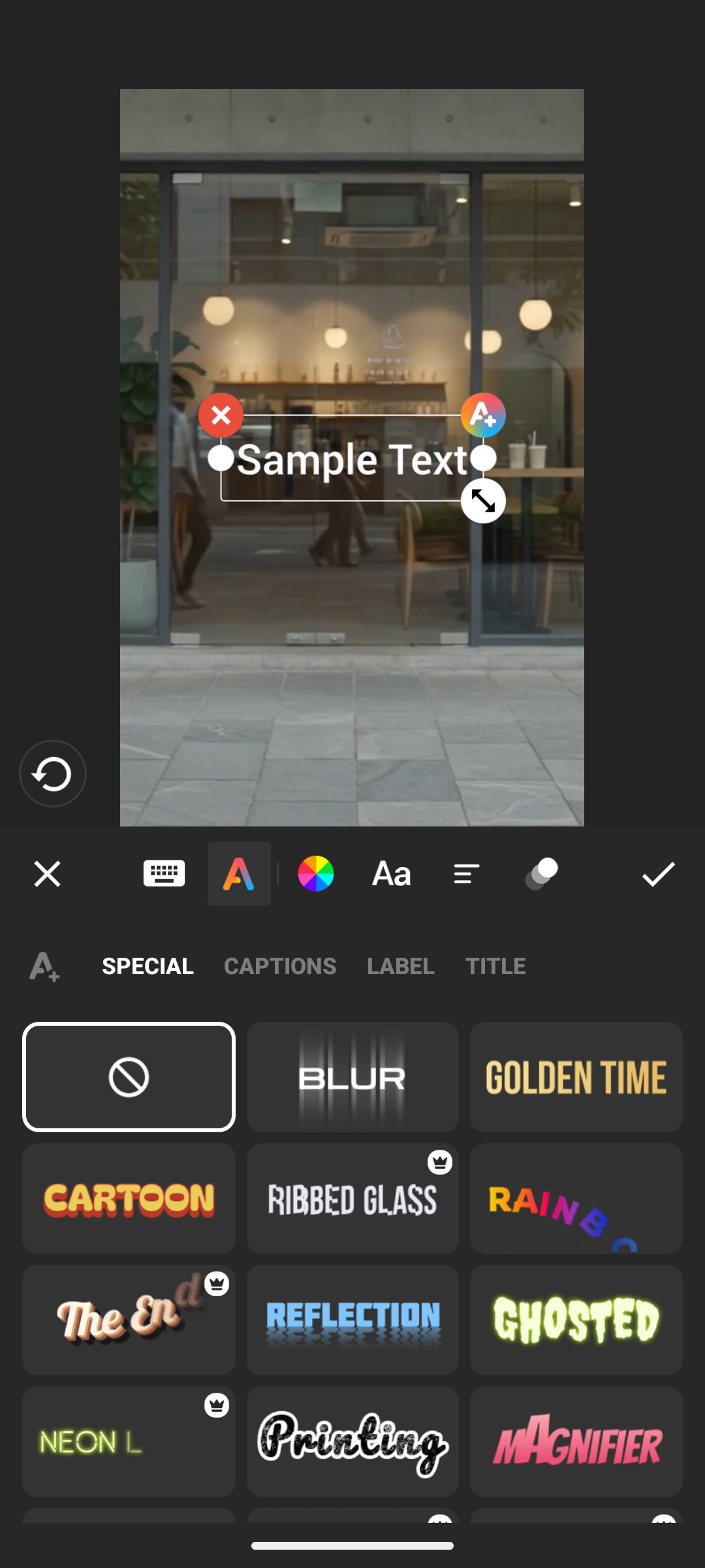 InShotのテキスト編集画面で選択できる文字装飾テンプレートの一覧