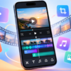 InShotの使い方を初心者向けに解説するイメージ。スマートフォンの動画編集画面とカット、文字入れ、音楽追加などの編集機能