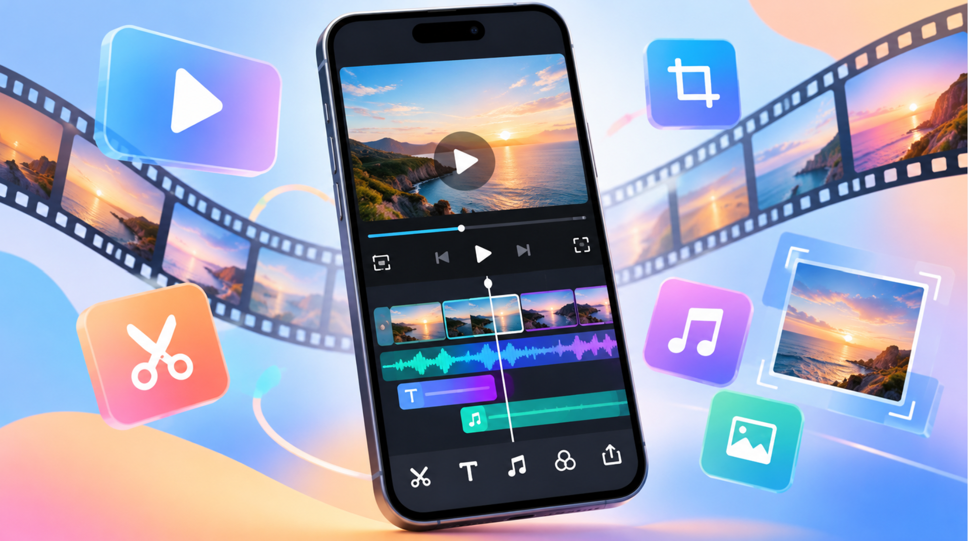 InShotの使い方を初心者向けに解説するイメージ。スマートフォンの動画編集画面とカット、文字入れ、音楽追加などの編集機能