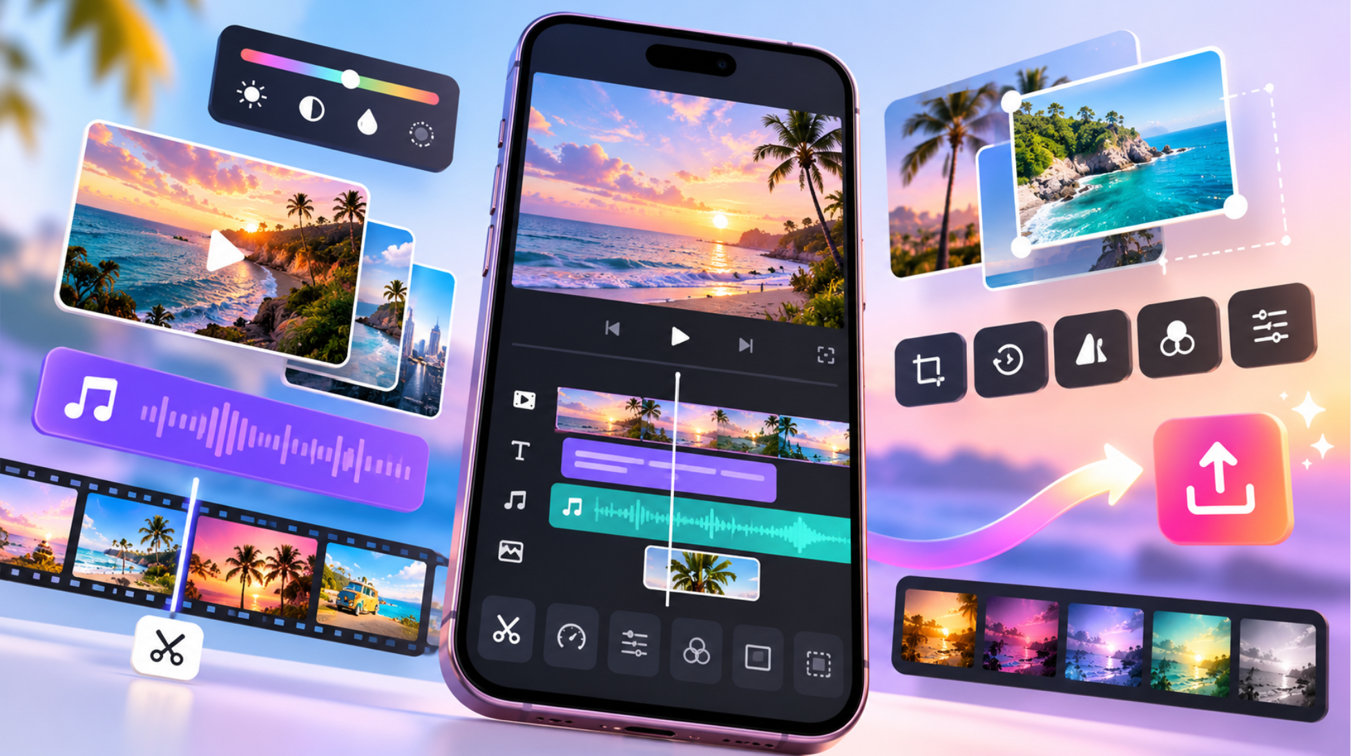 InShotの動画編集機能をイメージしたスマートフォンと、カット・音楽追加・映像合成・書き出しを表現したイラスト