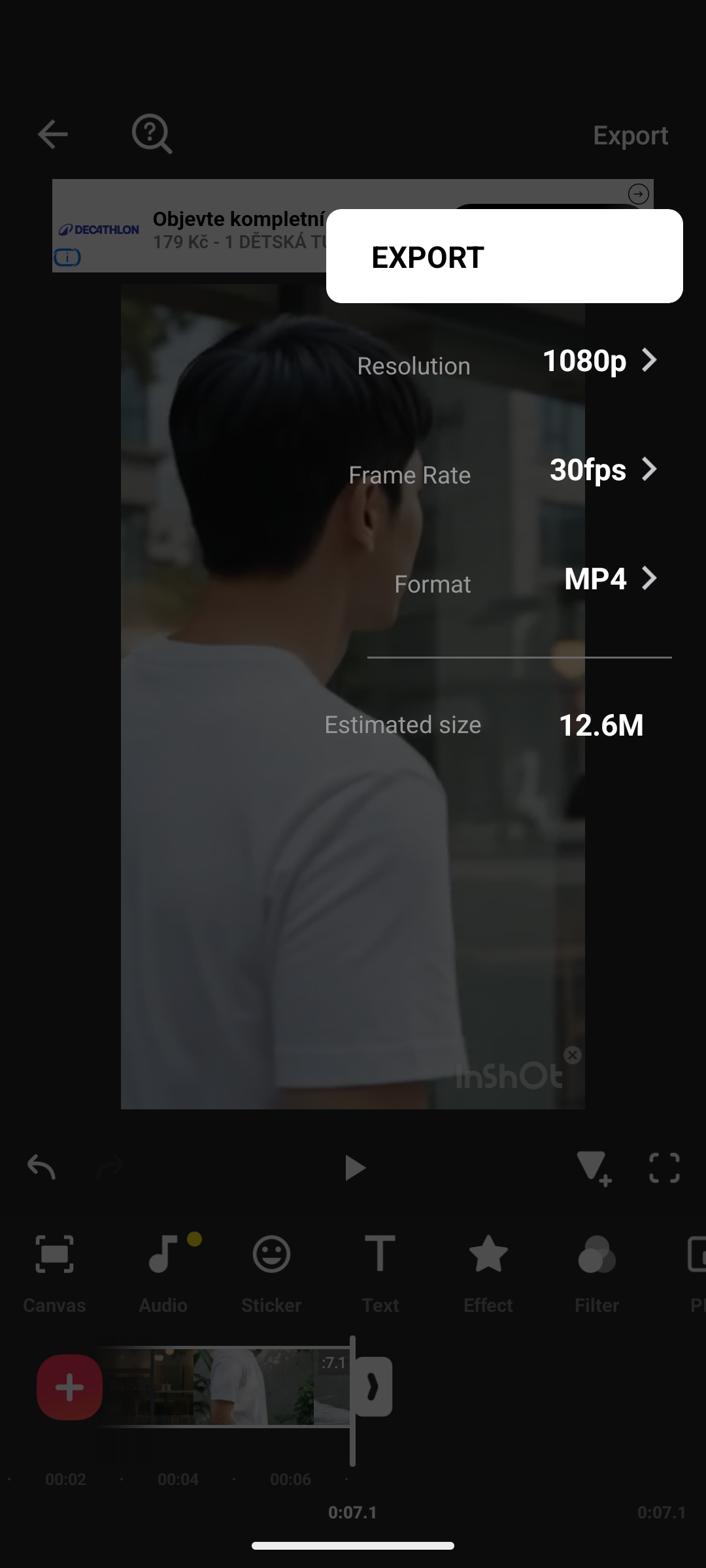 InShotの保存設定で解像度1080p、フレームレート30fps、MP4形式を選択した画面