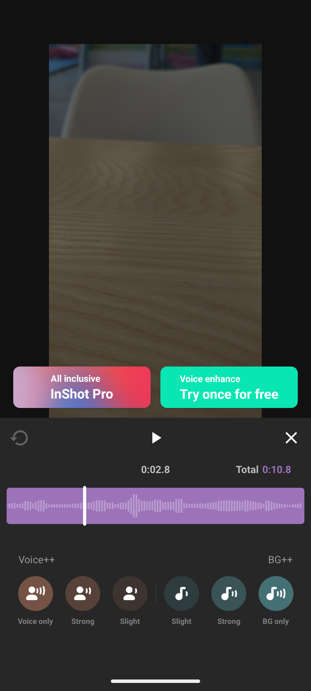 InShotのVoice EnhanceでVoice++とBG++を選択できる設定画面