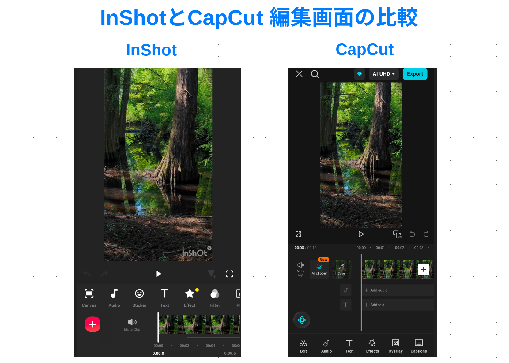 InShotとCapCutのスマホ動画編集画面を並べ、プレビューとタイムラインの配置を比較した画像
