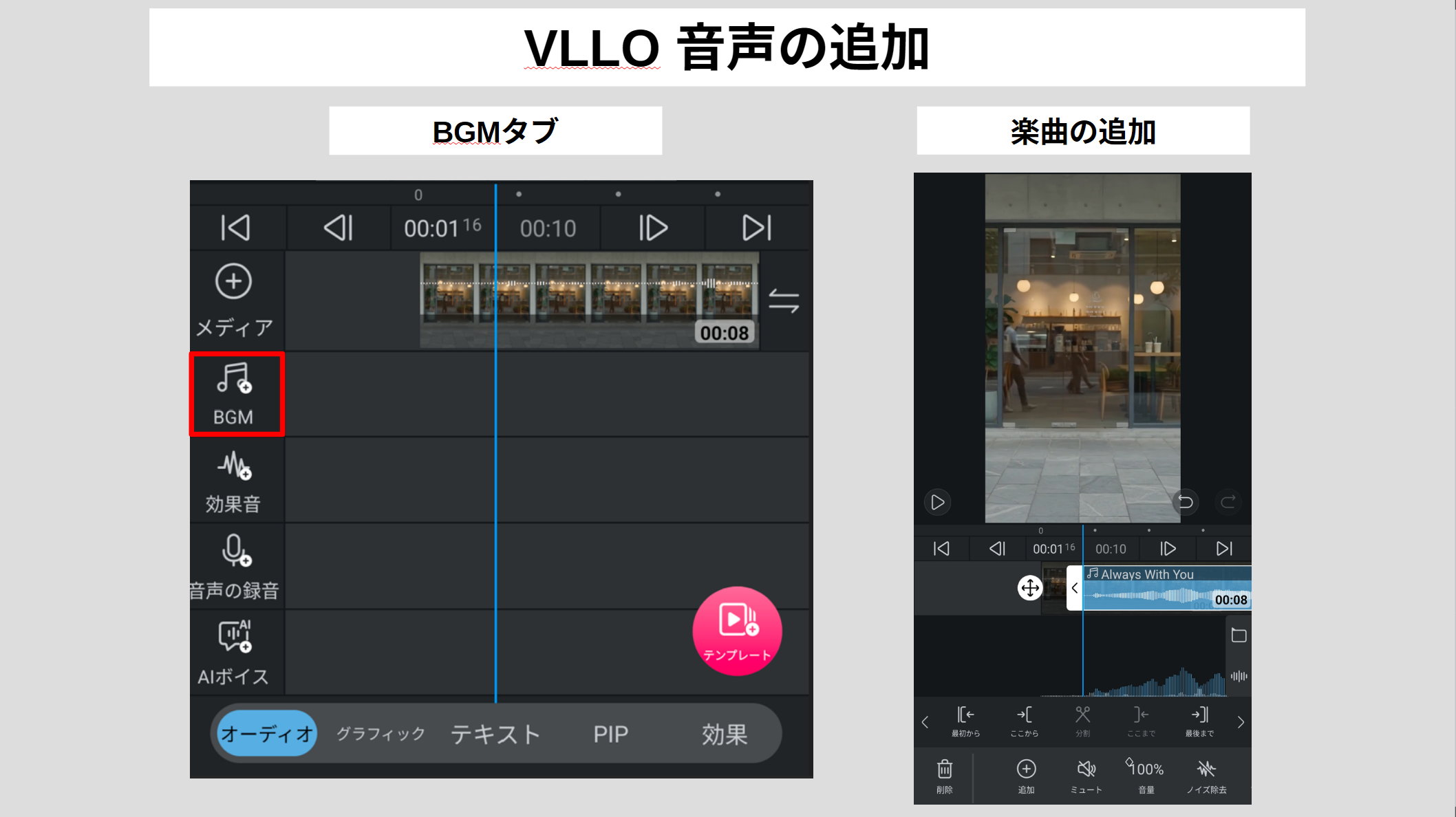 VLLOでBGMタブから音楽を追加しタイムラインに配置する方法