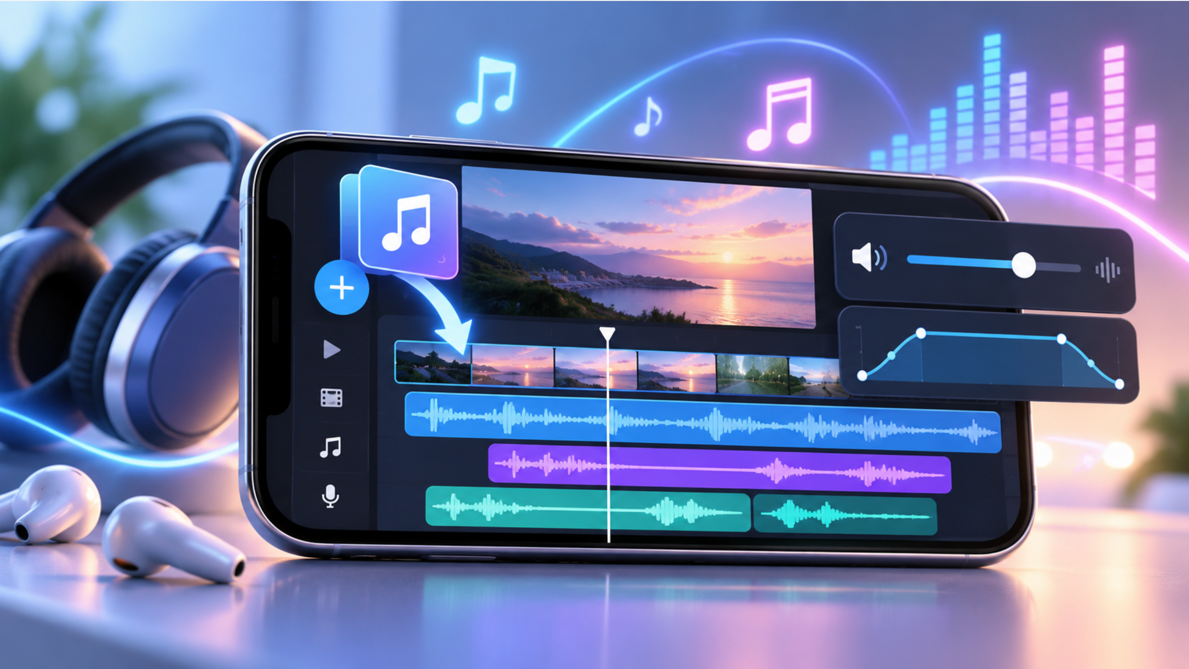 VLLOでBGMや効果音を追加し、音量調整やフェードイン・フェードアウトを行う動画編集のイメージ