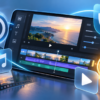 VLLOの商用利用・著作権・YouTube収益化をイメージした動画編集画面と音楽・著作権保護・収益のアイコン