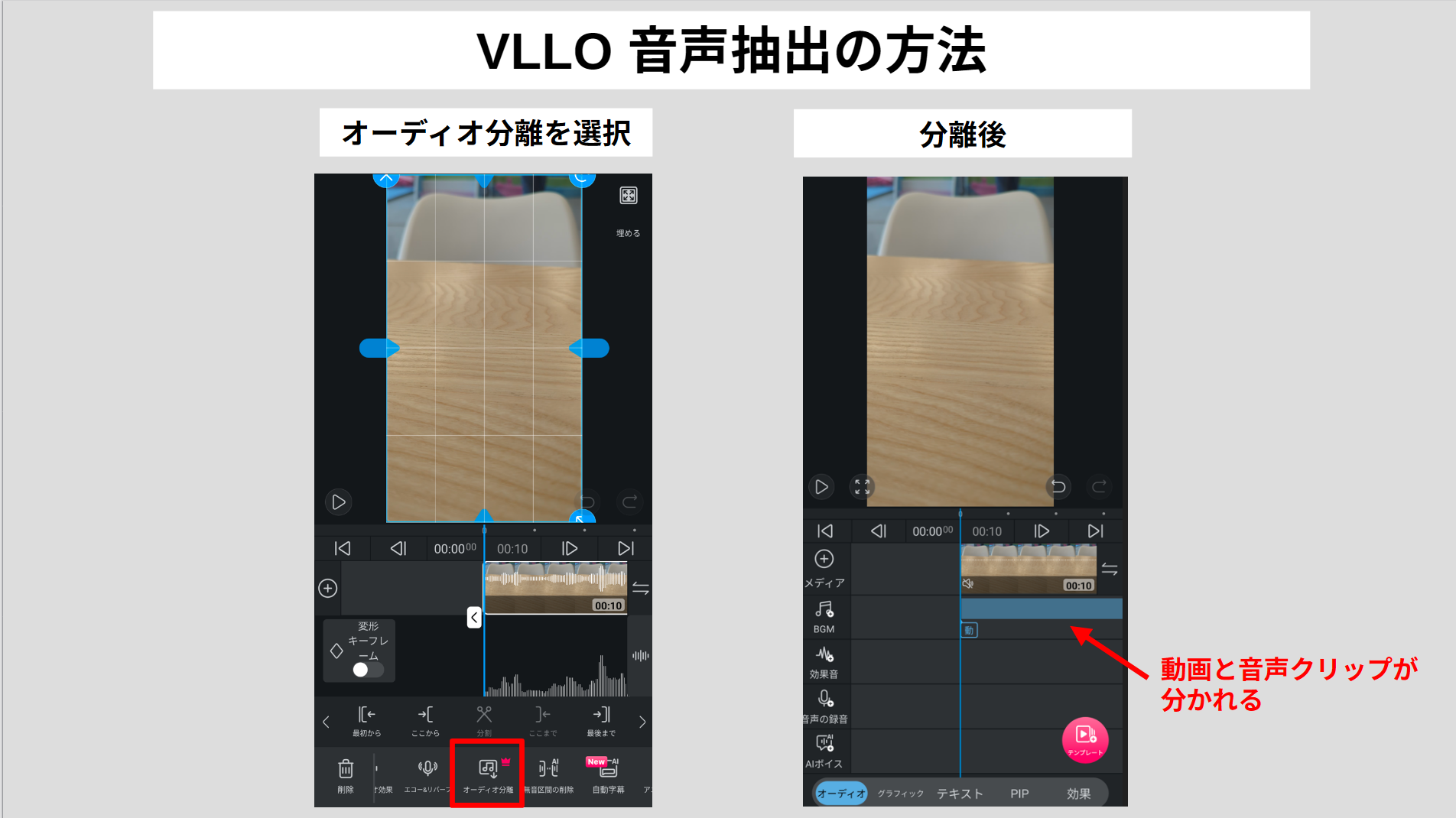 VLLOで動画から音声を抽出し、音声トラックを分離する操作方法
