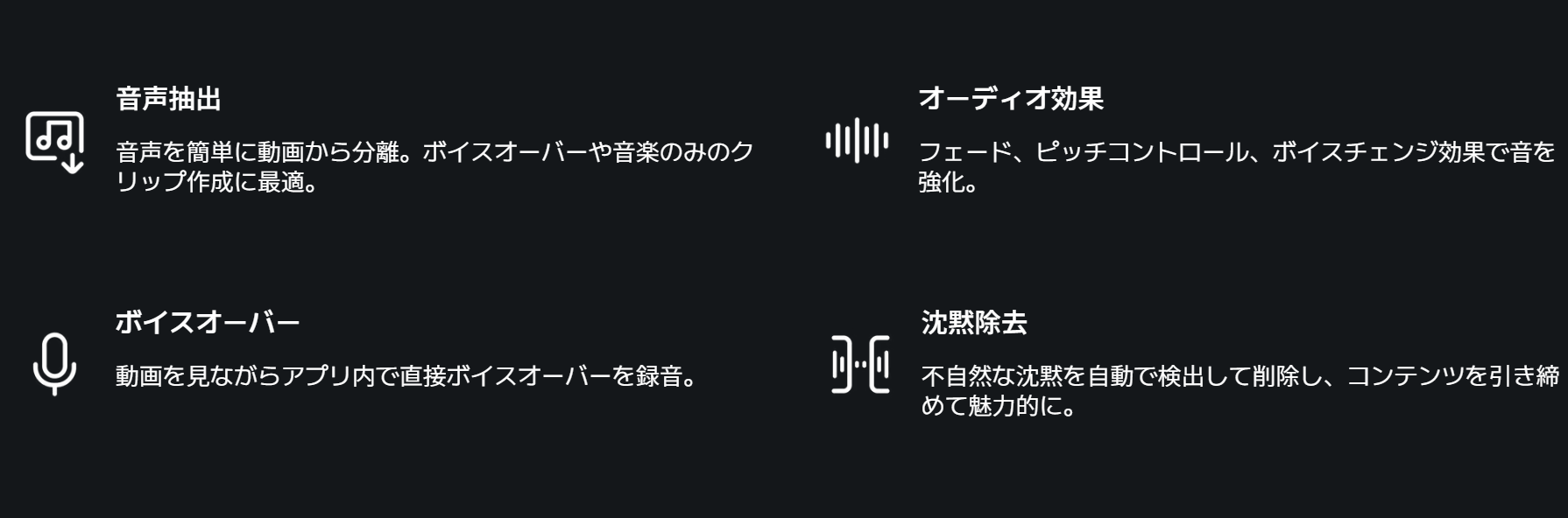 VLLO公式サイトに掲載された音声抽出とオーディオ効果およびボイスオーバー機能