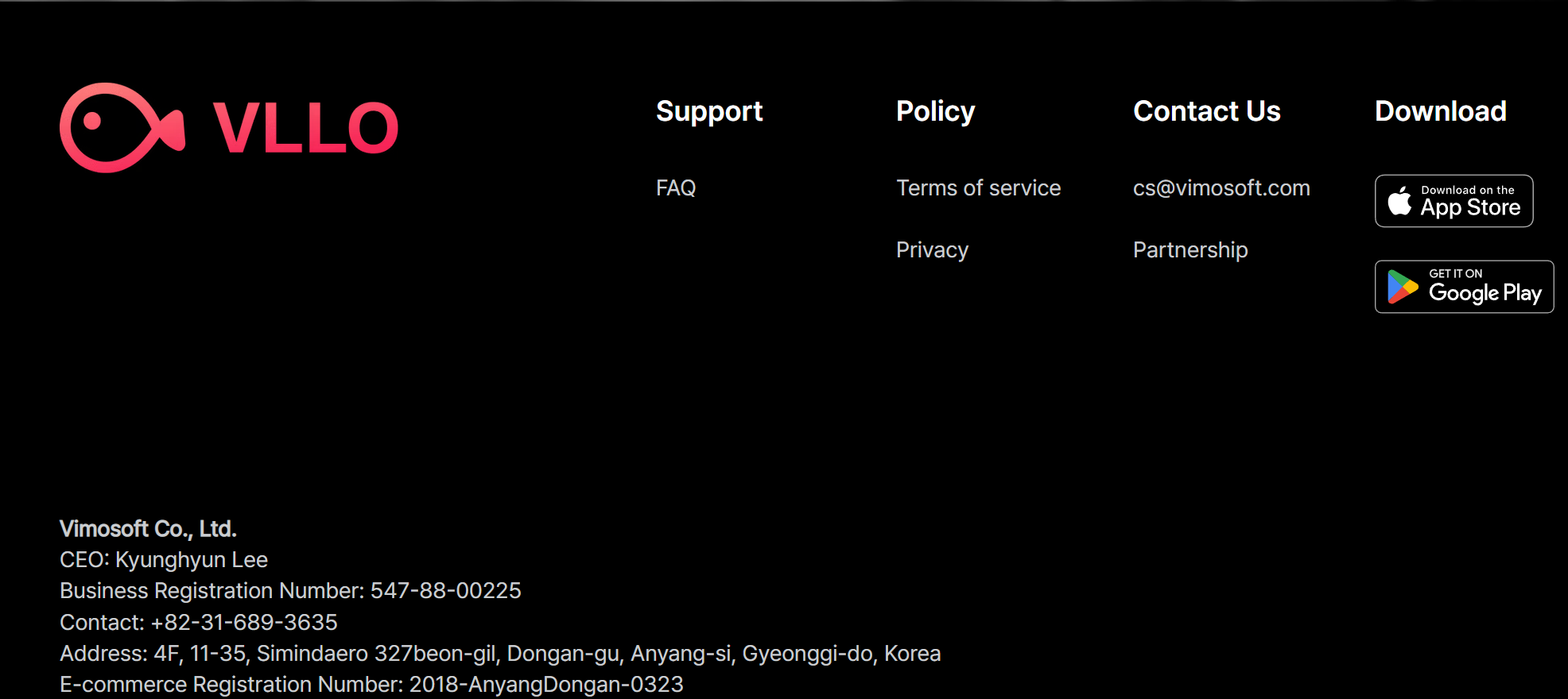 VLLO公式サイトに記載された韓国の運営会社Vimosoftの会社情報と所在地