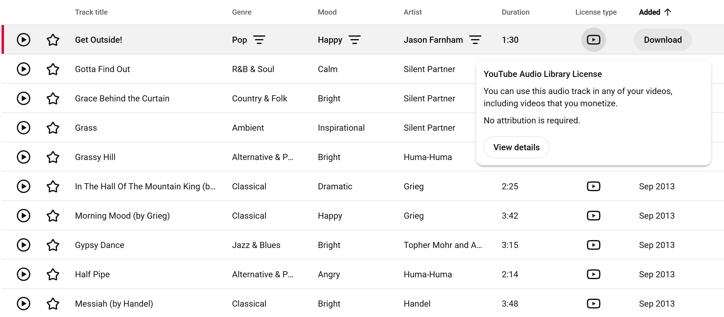 YouTube Studioのオーディオライブラリに表示されるBGMとライセンス条件